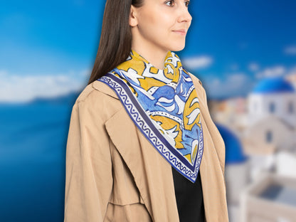 view of the navy blue yellow scarf, highlighting its suitability as a stylish abstract scarf.