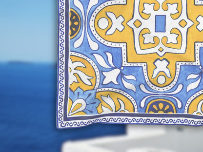 Flat lay showcasing the abstract pattern of this mediterranean scarf, a perfect Greek gift.