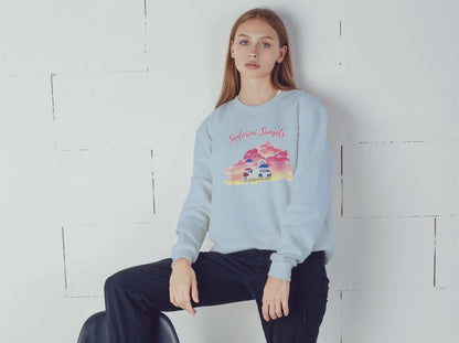 Short video showcasing the details of the Santorini sunset sweatshirt, including the watercolor graphic, fabric texture, and how it looks when worn.
