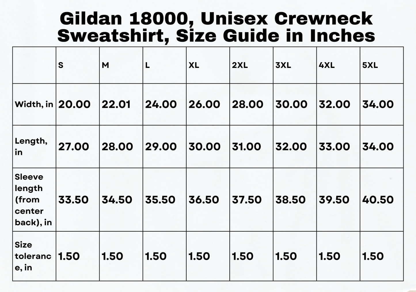 Size chart in inches for the Santorini sweatshirt, providing detailed measurements to help you find your perfect fit in this cozy Greece sweater.