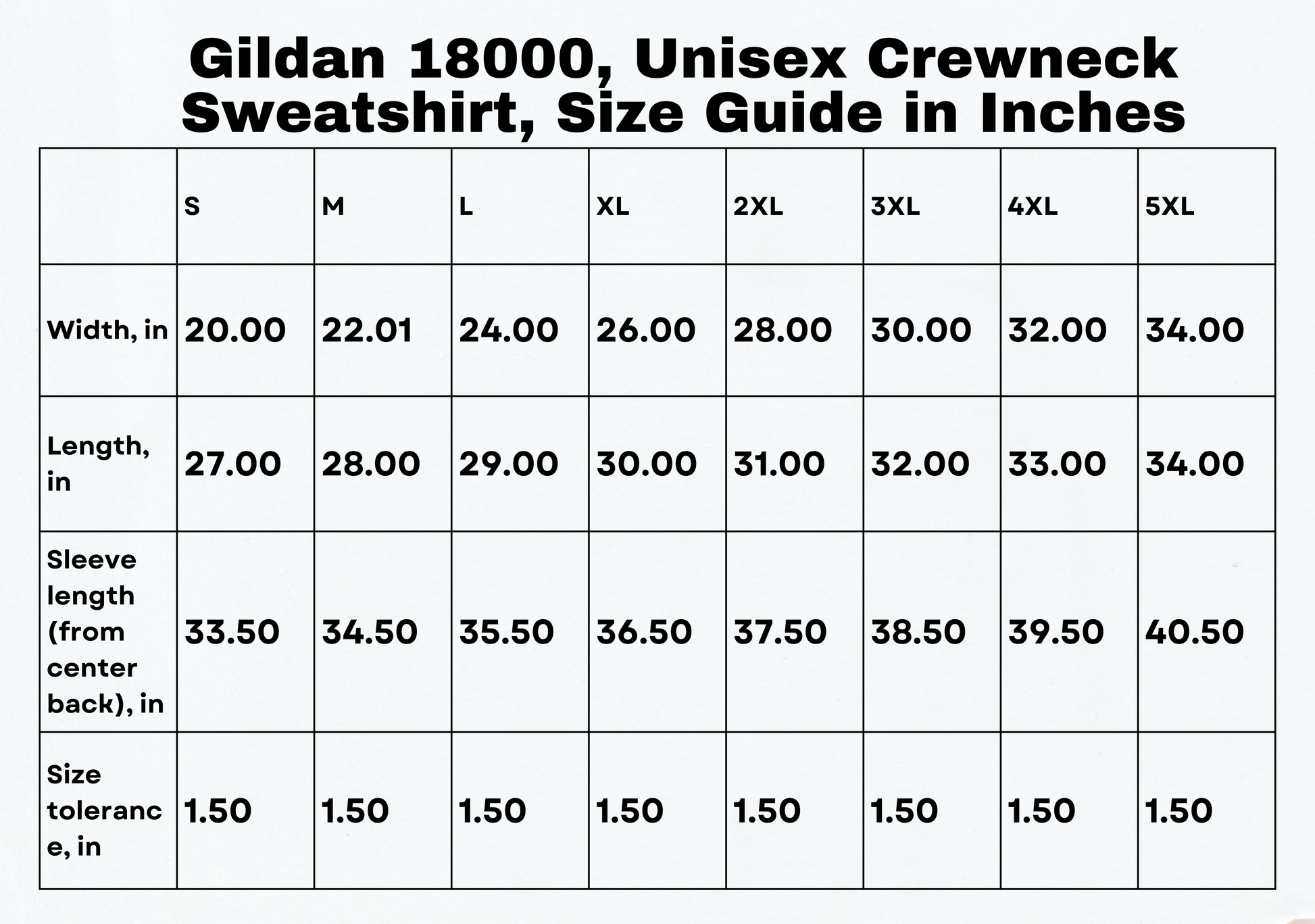 Size chart in inches for the Santorini sweatshirt, providing detailed measurements to help you find your perfect fit in this cozy Greece sweater.