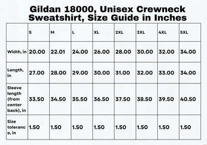 Size chart in inches for the Santorini sweatshirt, providing detailed measurements to help you find your perfect fit in this cozy Greece sweater.