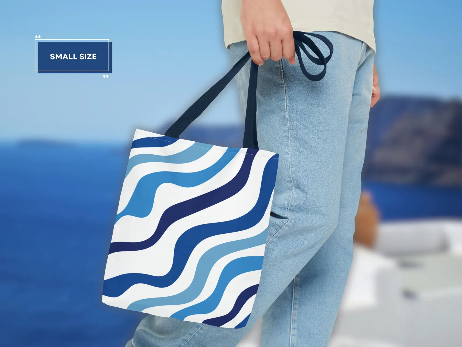 A person using the Blue Aesthetic Tote Bag for a shopping trip, filled with various items. This image showcases its practicality as a shopping bag. The image highlights the bag's sturdy construction and comfortable straps, making it easy to carry your purchases. The blue and white design adds a touch of style, making it a fashionable and eco-friendly choice.