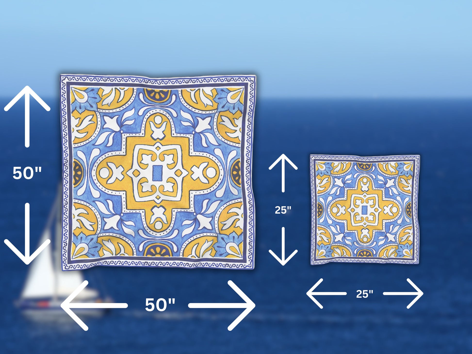 Side-by-side view of the small and large yellow blue scarf with a geometric design, displaying their respective dimensions.