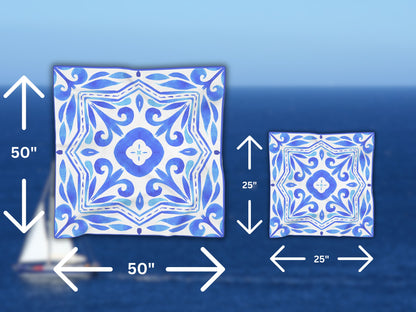 Side-by-side view of the small and large blue white scarf with a Greece tiles design, displaying their respective dimensions.