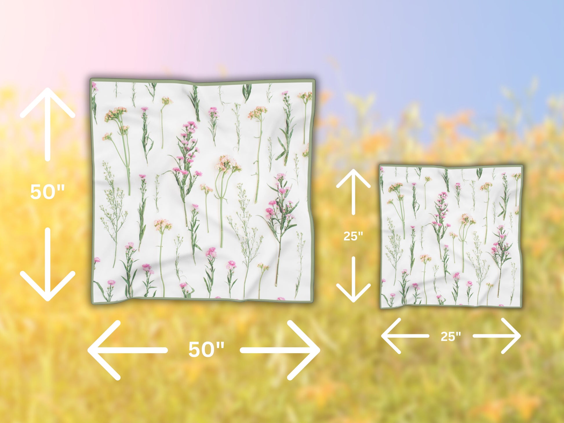 Side-by-side view of the small and large real flowers scarf, displaying their respective dimensions.