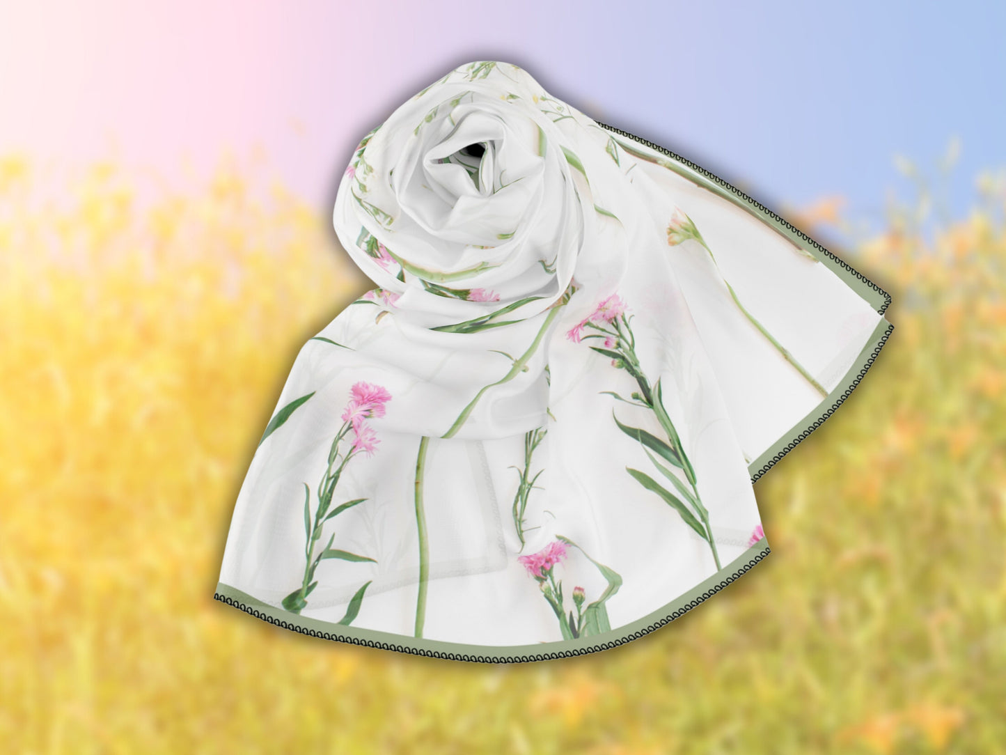 Flat lay showcasing the vibrant floral pattern on this botanical foulard.