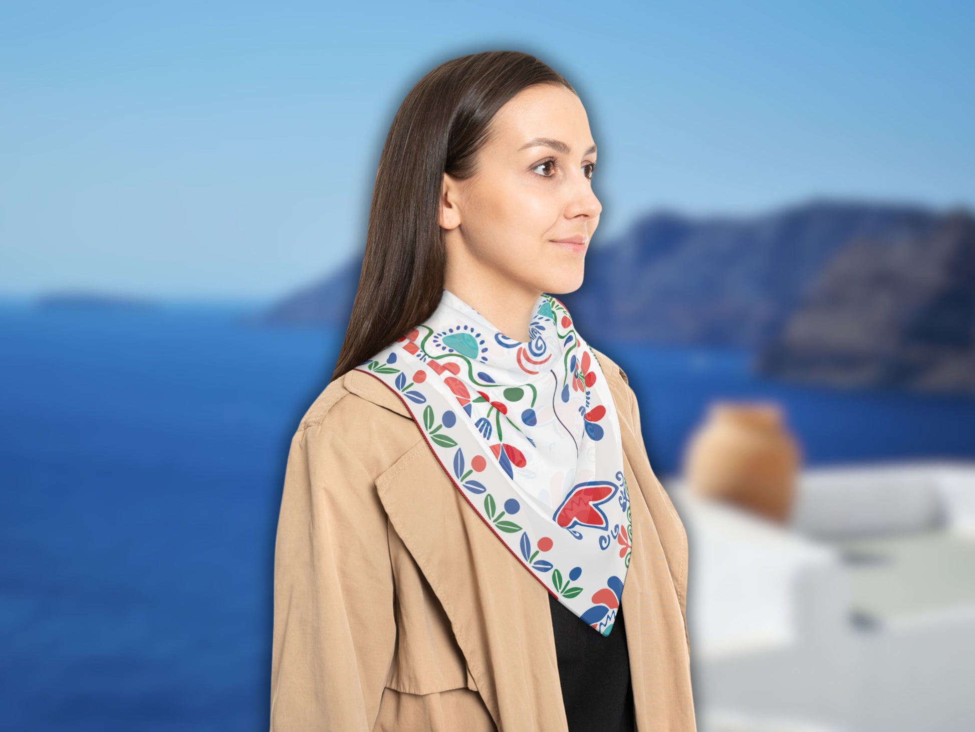 A woman wearing the boho scarf, showcasing its versatility as a hair scarf and stylish head scarf.