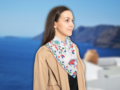 A woman wearing the boho scarf, showcasing its versatility as a hair scarf and stylish head scarf.