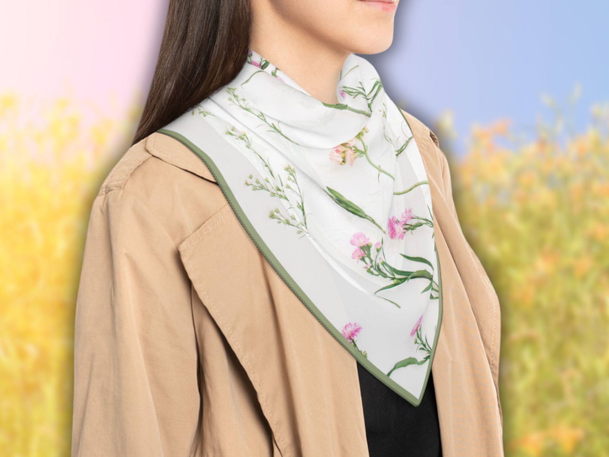 A woman wearing the floral scarf, highlighting its elegance as a botanical mantilla.