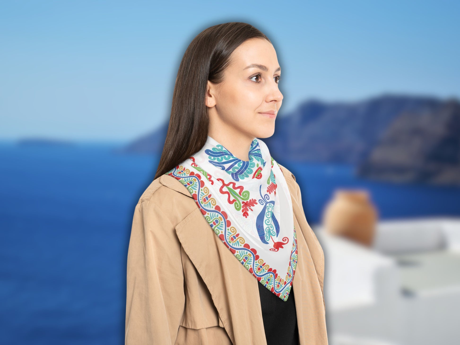 A woman wearing the greek summer scarf, highlighting its airy and elegant style.